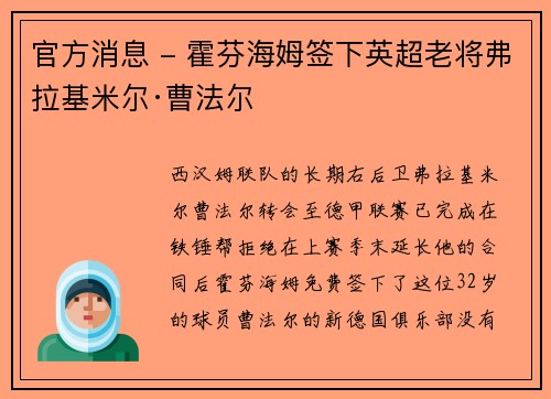 官方消息 - 霍芬海姆签下英超老将弗拉基米尔·曹法尔